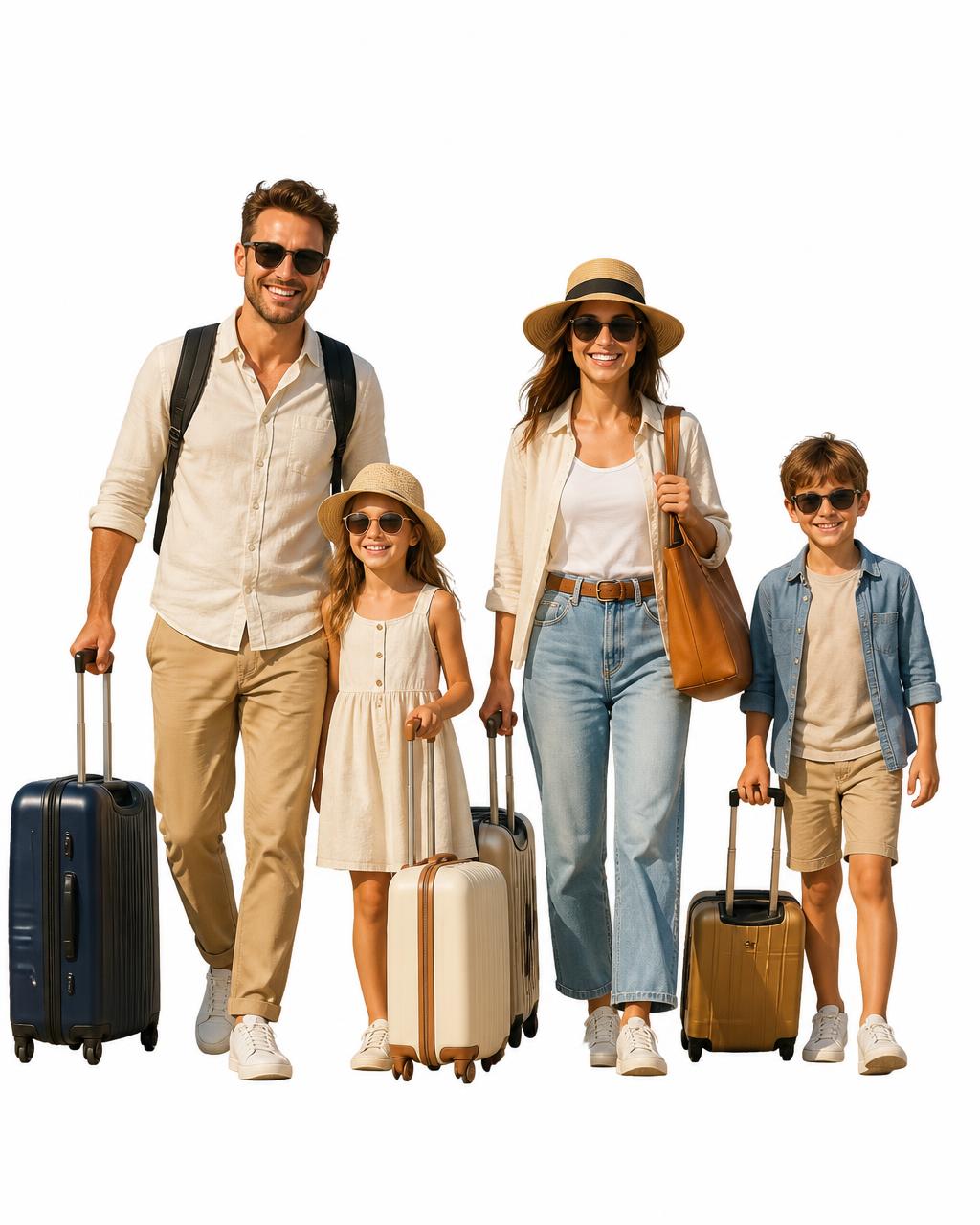 A family of four with sunglasses and rolling suitcases, ready to travel