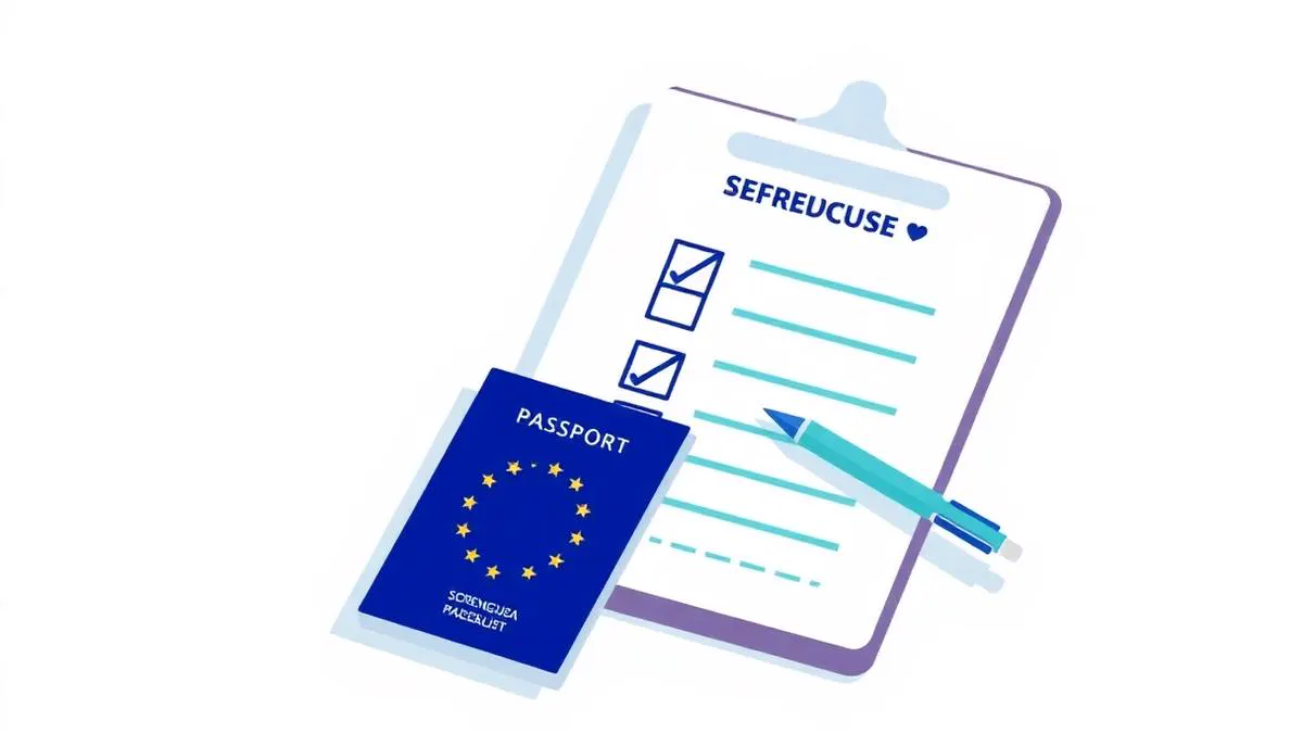 Schengen visa application checklist on clipboard with EU passport