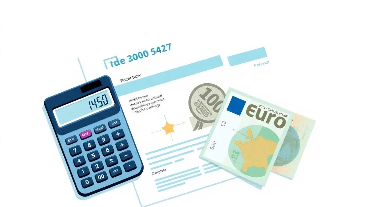 European bank statement, euro notes and calculator representing financial proof
