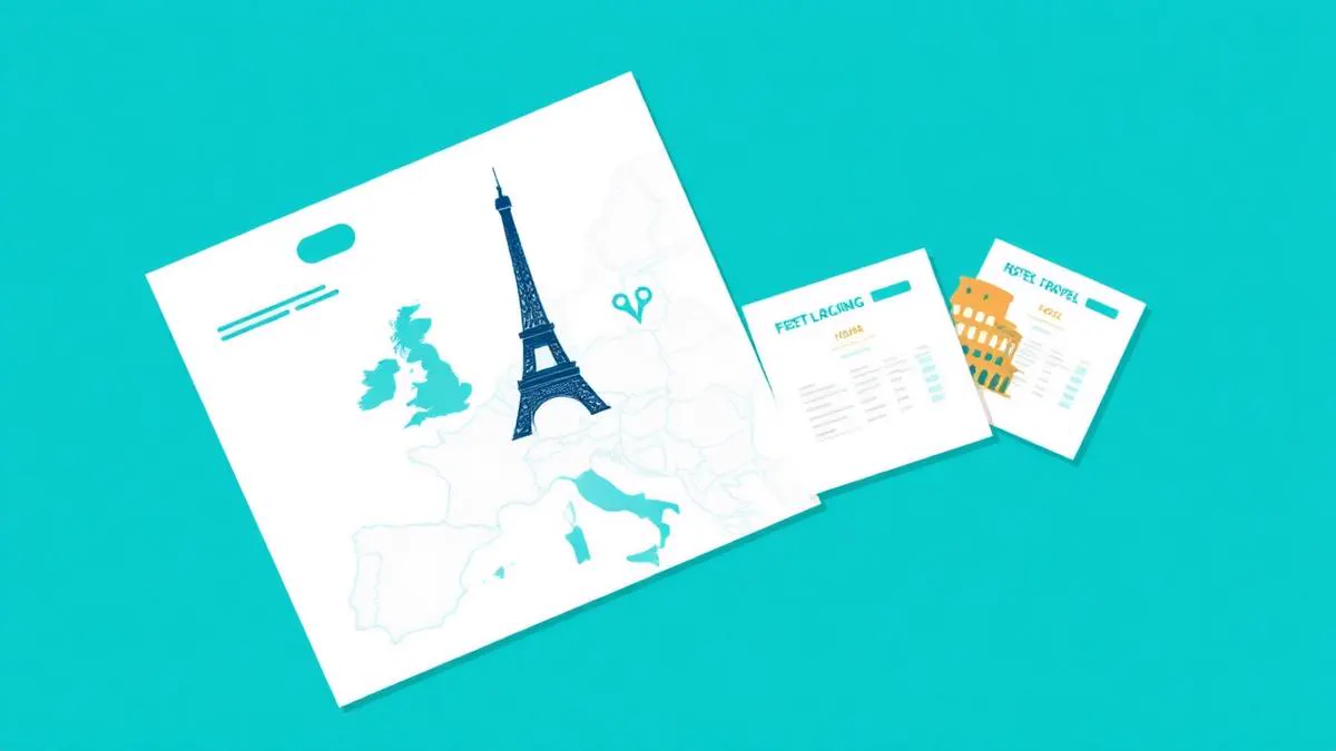 European travel itinerary with map of Europe and hotel booking papers