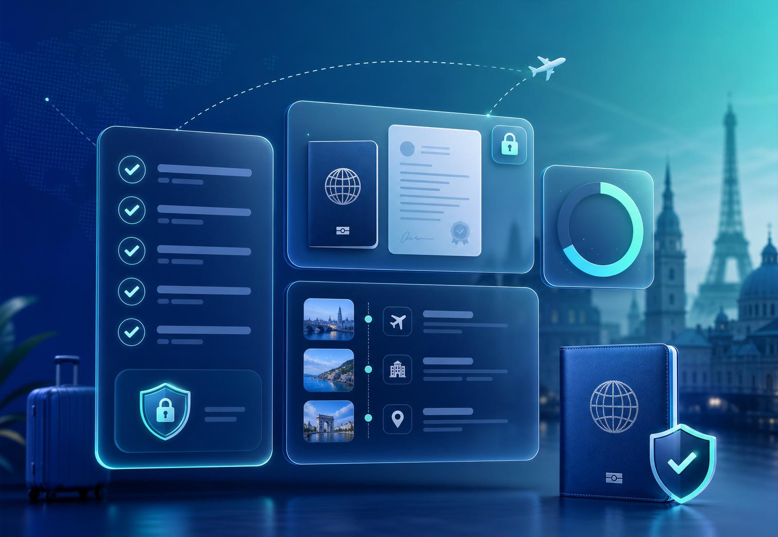 Modern travel tech dashboard: floating visa checklist, document preview, itinerary and progress cards with secure shield and lock icons, a dotted flight path and soft European skyline on a blue-to-teal gradient